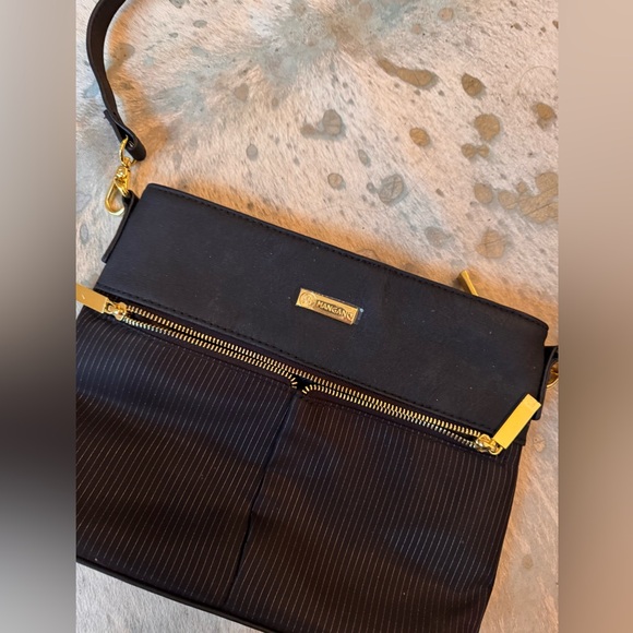 Joy Mangano Handbags - Joy Magano Tuxedo Stripe Black Crossbody Purse Gold Zip